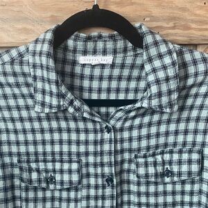 Copper Key, black and green button up flannel shirt.